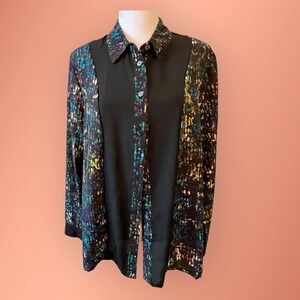 Derek Lam NightShare Black w/Multicolor Graffiti Pattern Button Down Blouse L​​